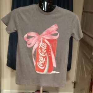 Coca Cola Grey Tee with Red Can and Pink Bow Graphic